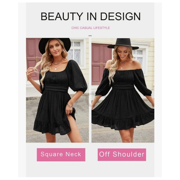 NWT Zaful Black Square Long Puff Lanturn Sleeve Tie Back Beach Sun Mini Dress S - Picture 9 of 14